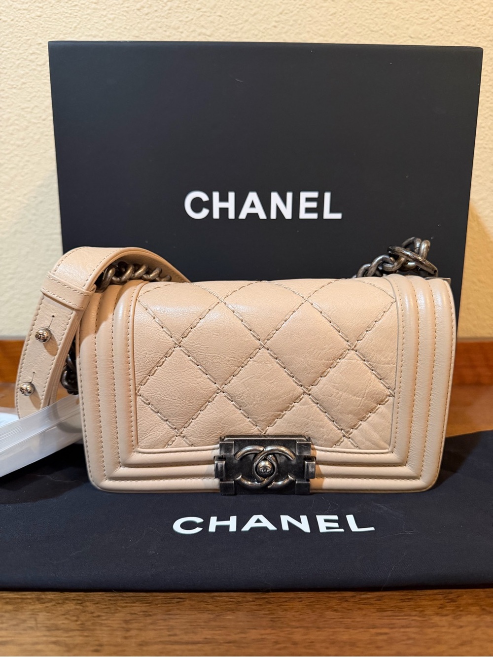CHANEL Beige Quilted Boy Shoulder Bag with Dark Silver Hardware
